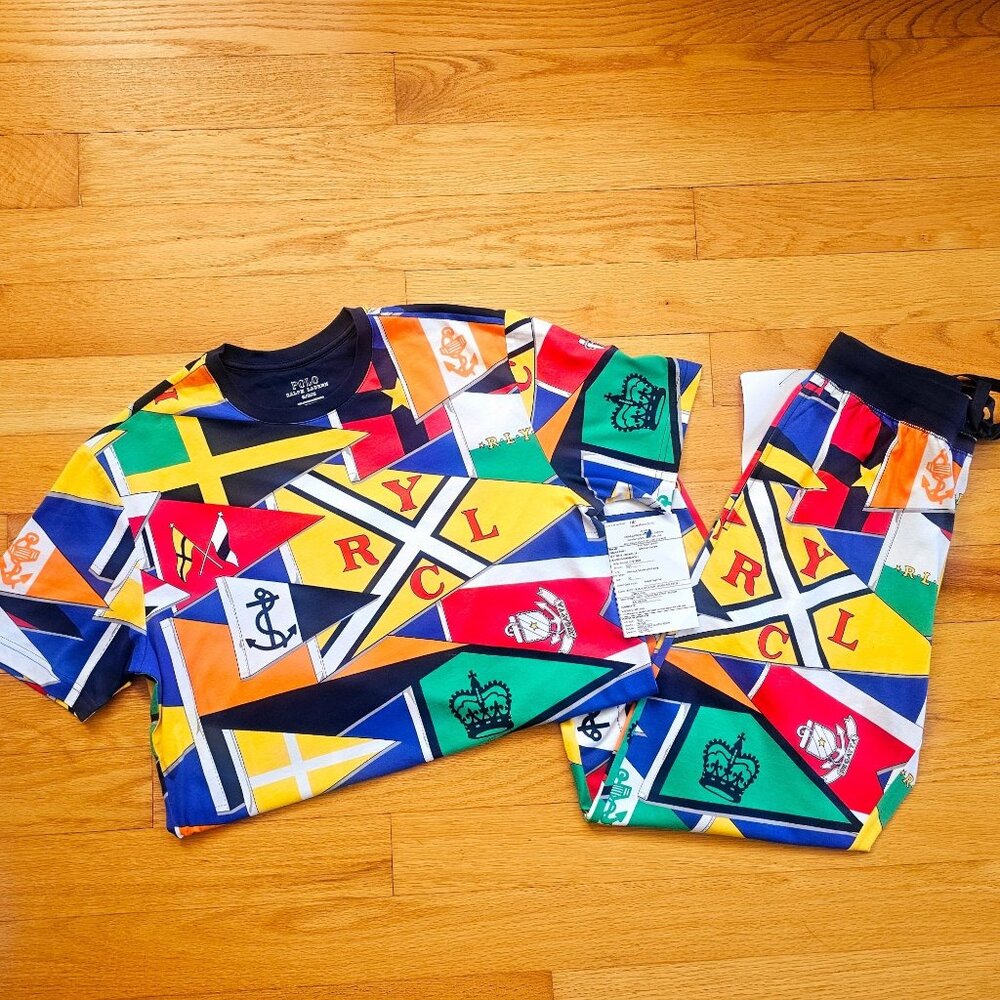 NEW Ralph Lauren Burgee Flag Print Knit Pajama Shirt Pant Set Mens Medium